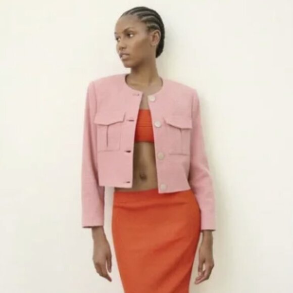 ZARA Pink Textured Weave Button Front Long Sleeve Cropped Blazer Jacket NWOT - Picture 1 of 14